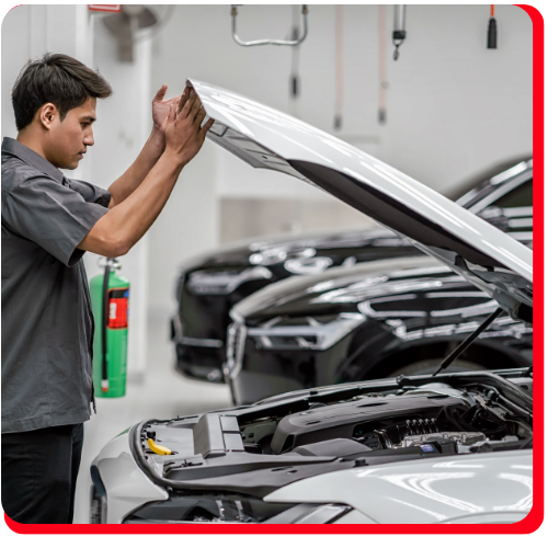 Auto technician opening the hood of a white car for a routine maintenance check in a modern service center.